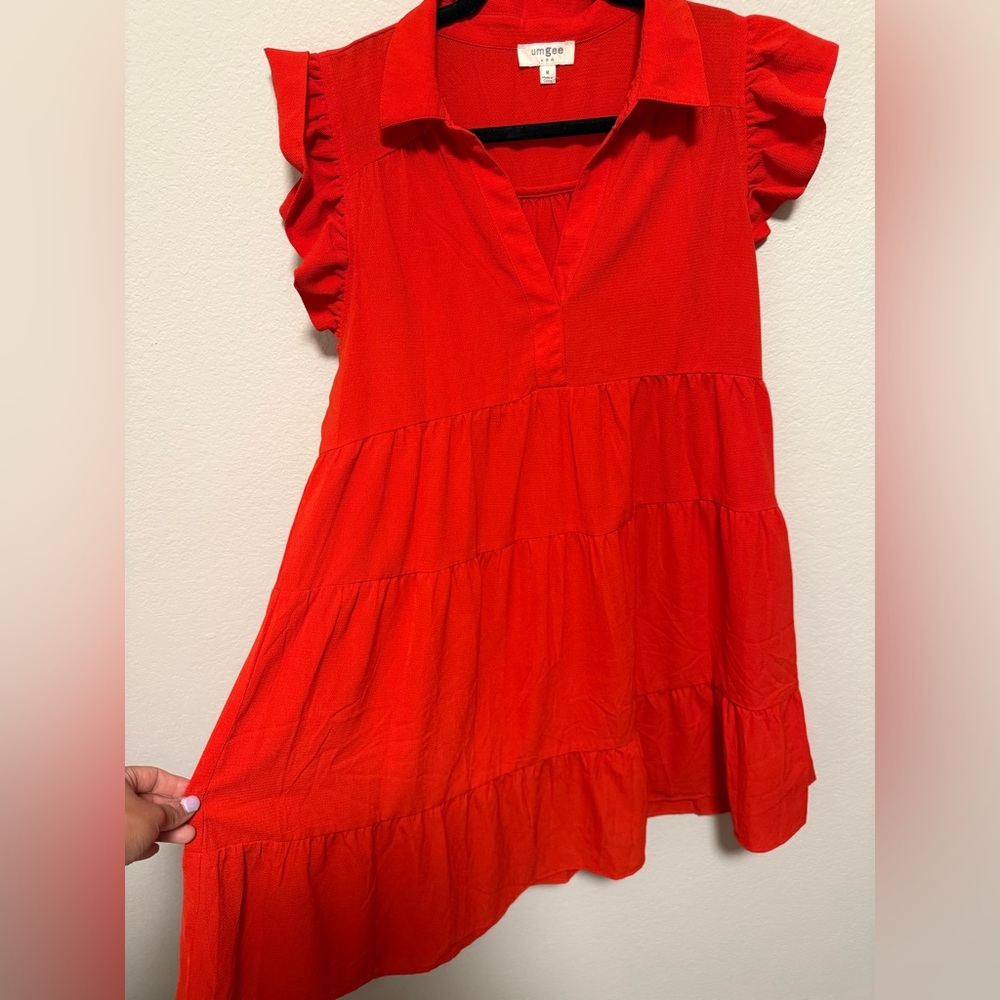 Umgee Bright Red Ruffle Sleeve Tiered Casual Dress